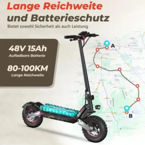10 Zoll E Scooter mit Straßenzulassung für Erwachsene, max. 20 km/h Geschwindigkeit, 80-100 KM Reichweite, 48V 15Ah, Lange Reichweite，Maximale Belastung 150kg, Geländetauglicher Elektroroller, Faltbarer E Scooter mit Straßenzulassung, 4 Stoßdämpfer Design, 500W Birstenloser Motor